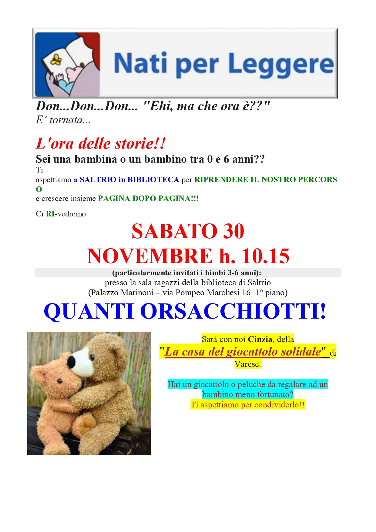 Quanti orsacchiotti!! SABATO 30 NOVEMBRE h. 10.15