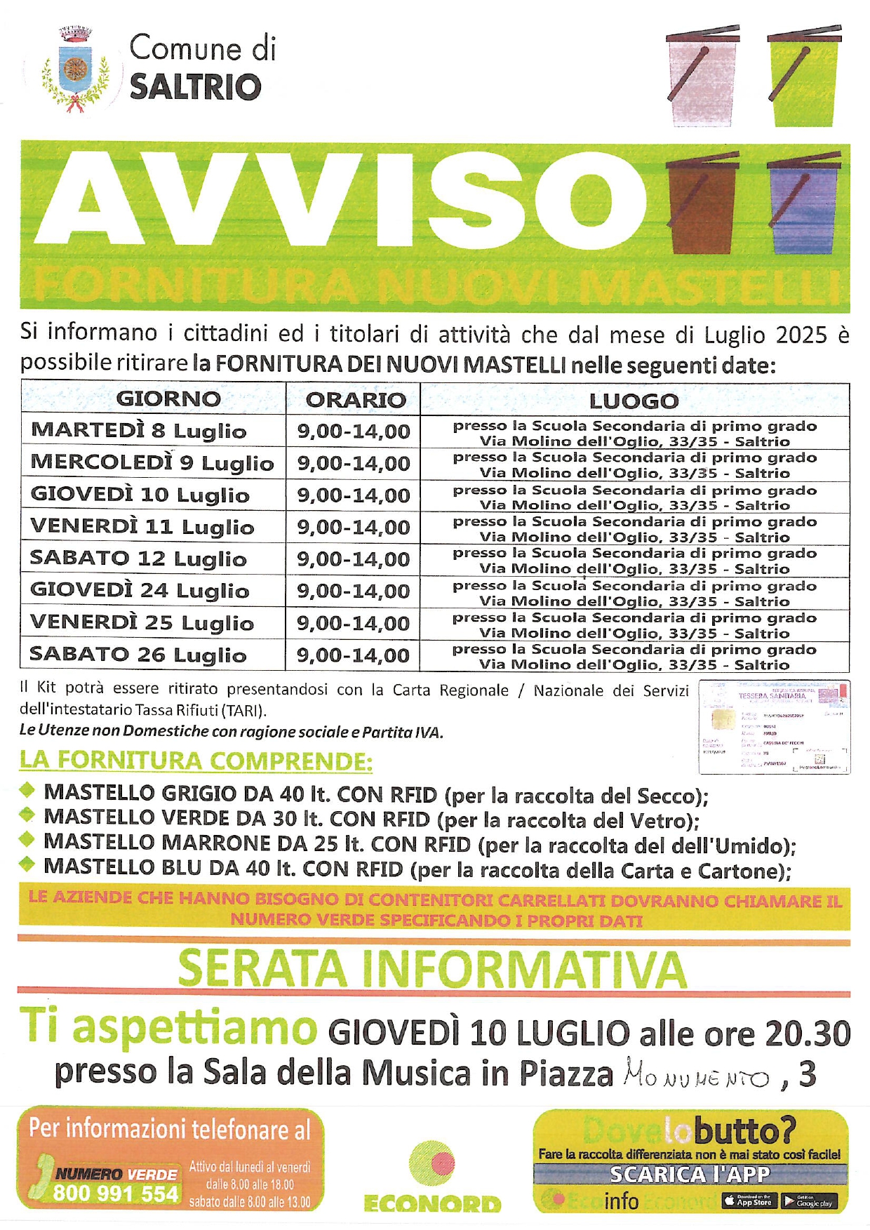 Avviso fornitura nuovi mastelli e serata informativa.