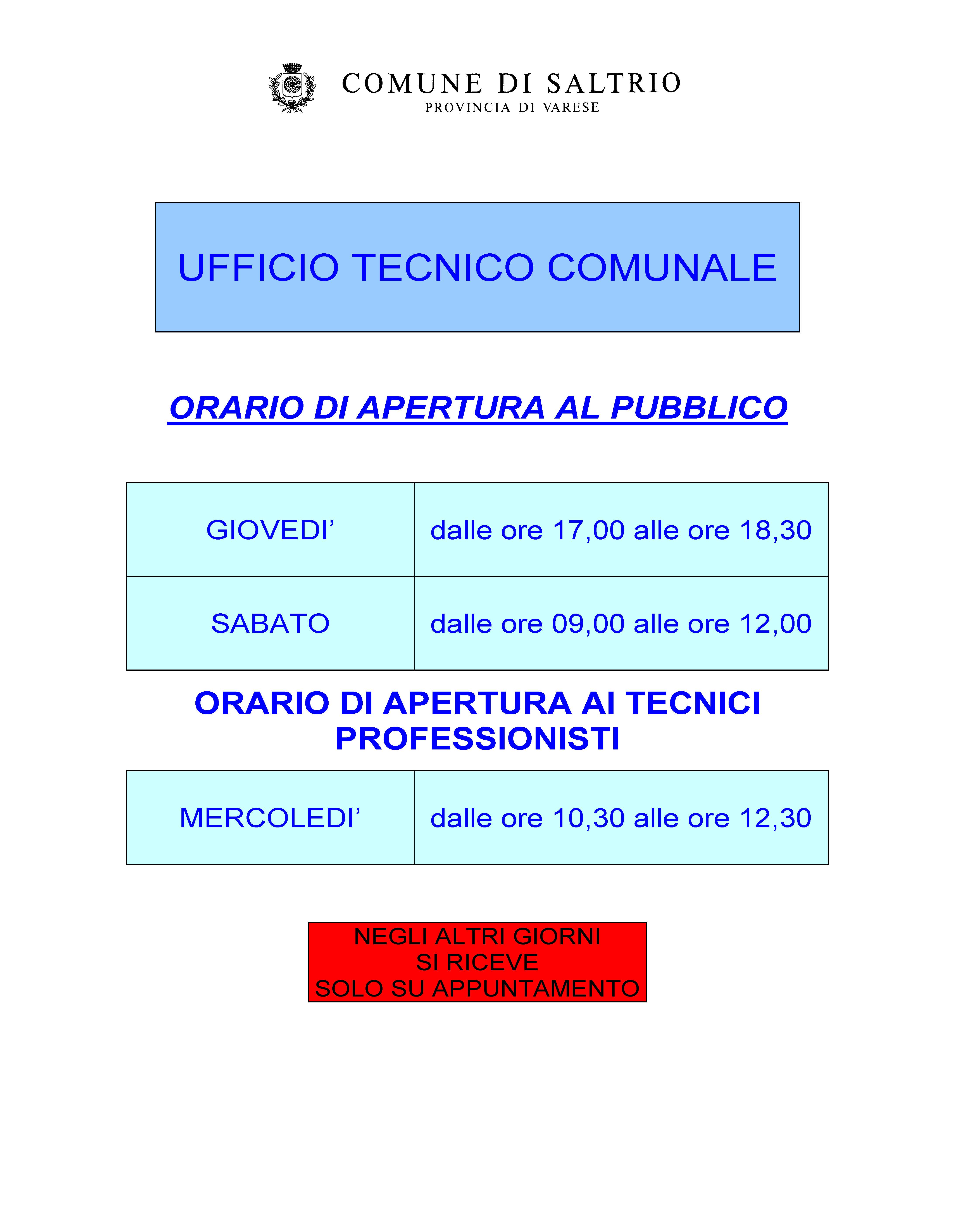 Orari apertura al pubblico ufficio tecnico comunale