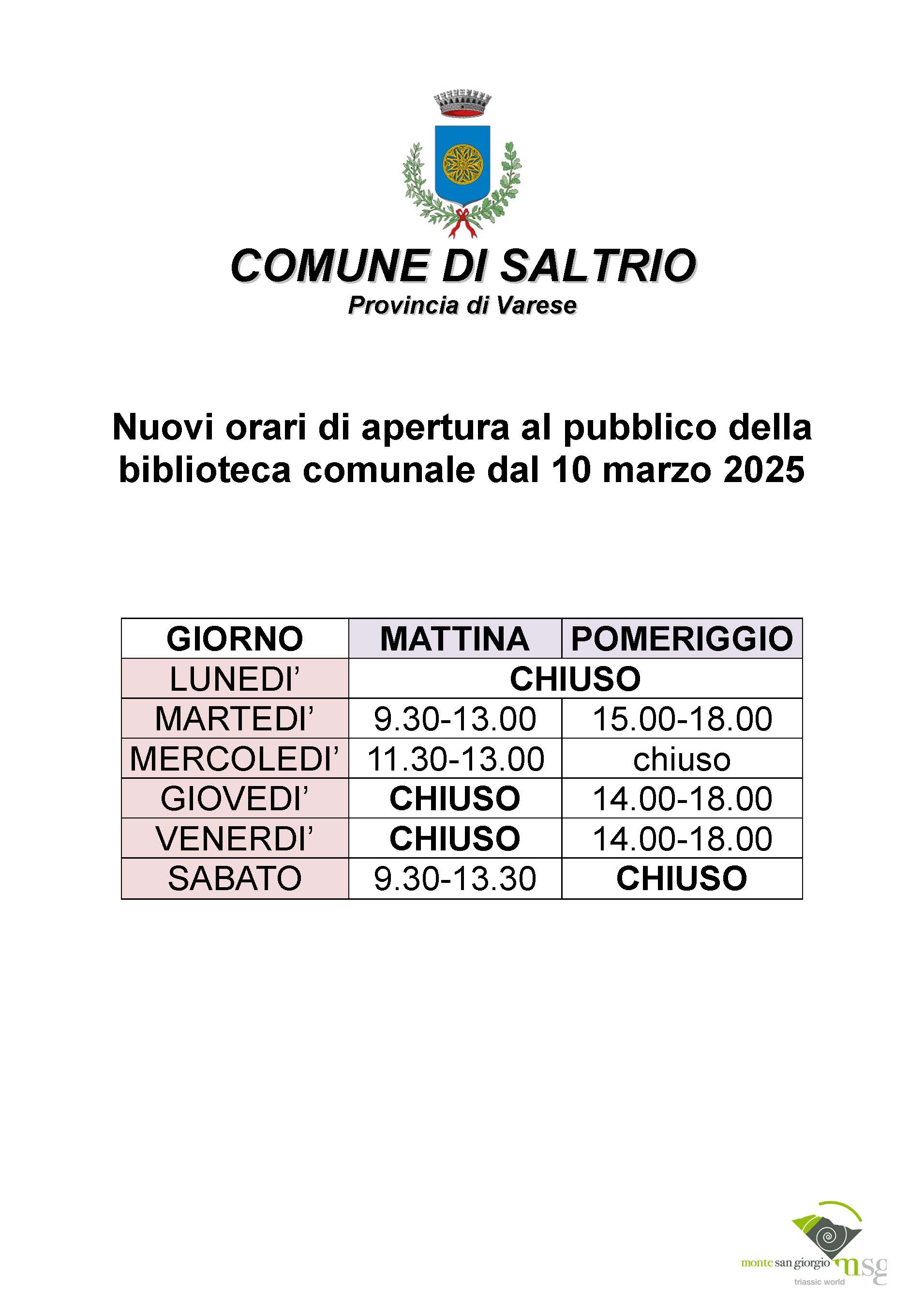 Nuovi orari apertura al pubblico biblioteca comunale