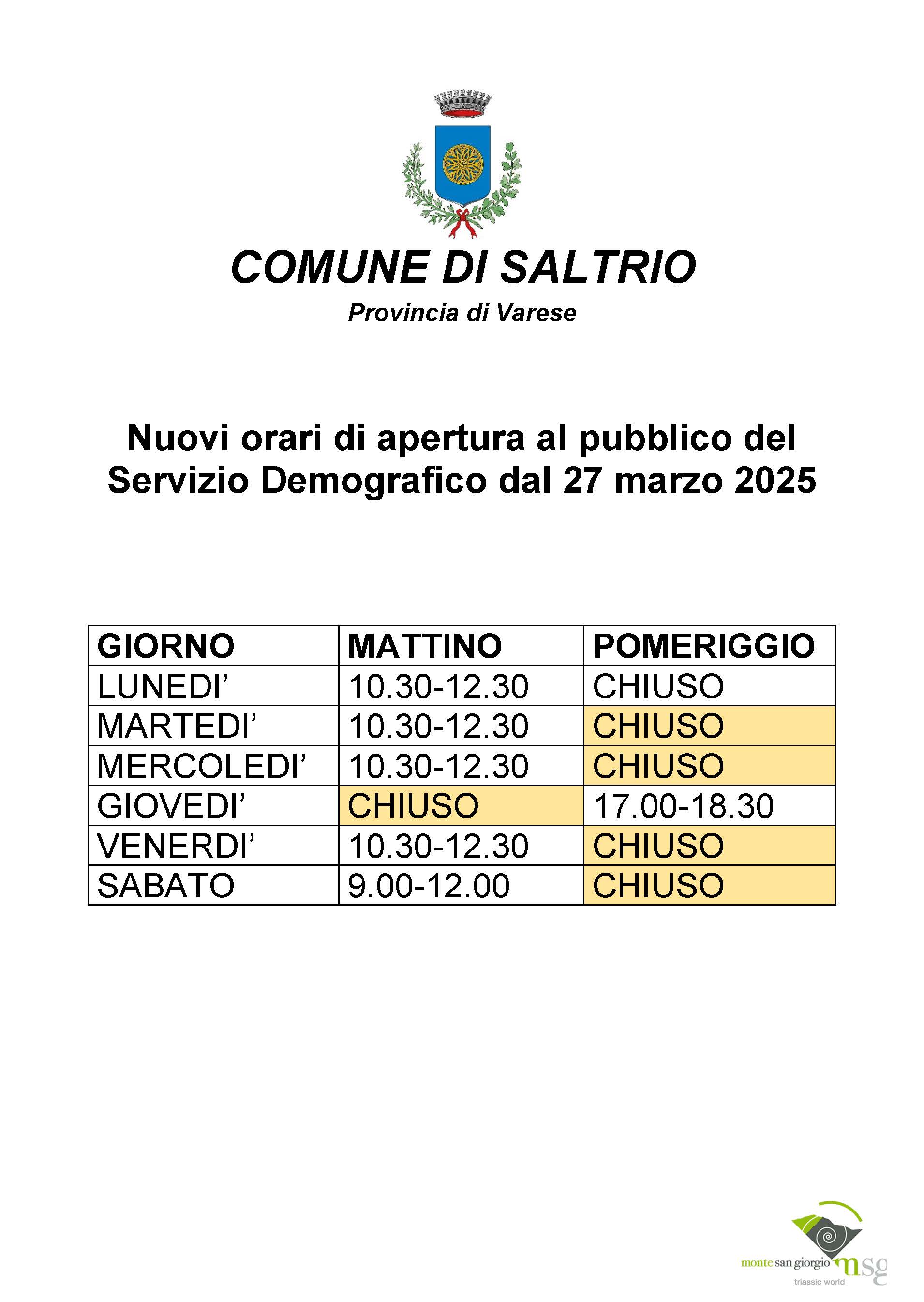 Nuovi orari apertura al pubblico del servizio demografico