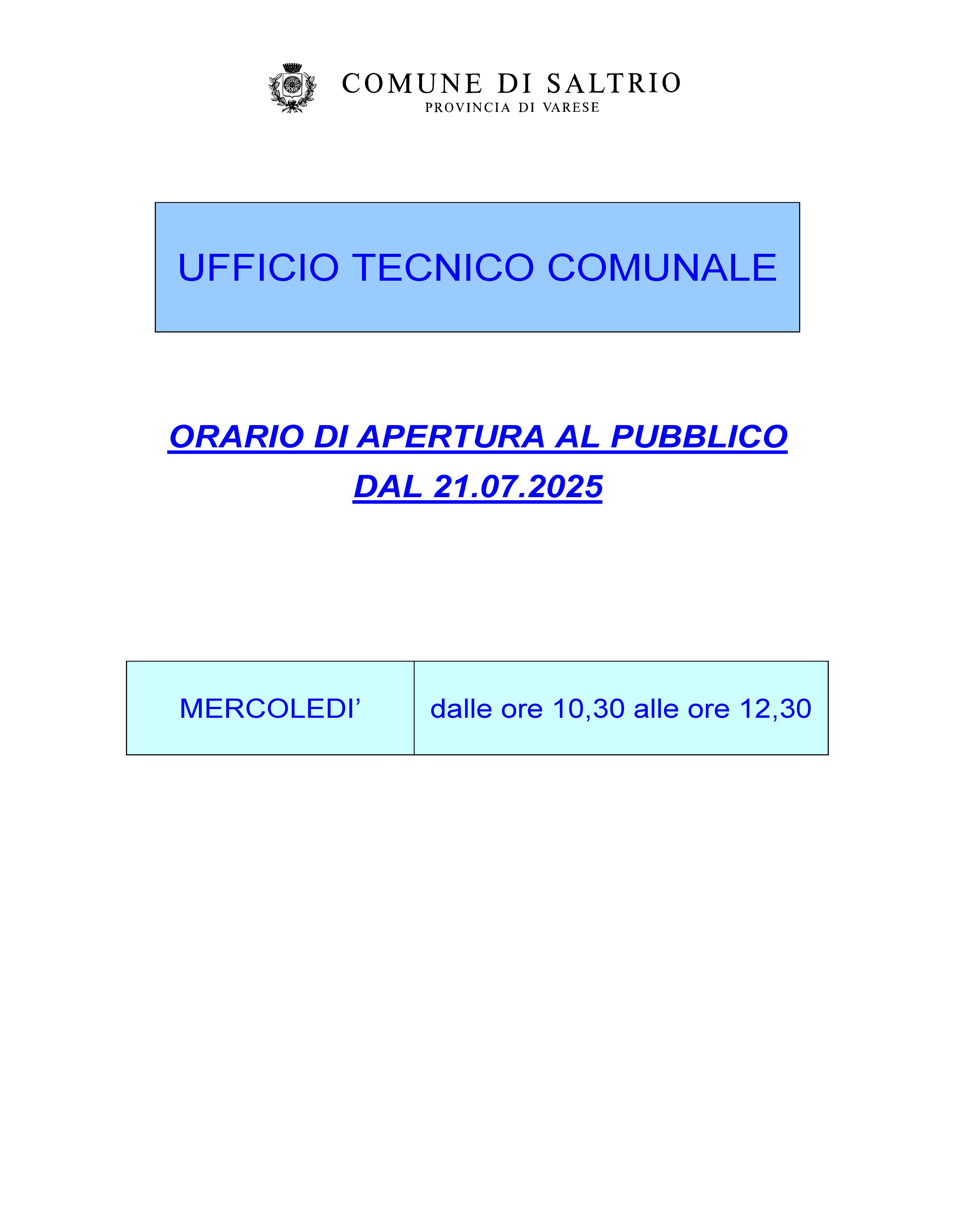 Orari apertura al pubblico ufficio tecnico comunale