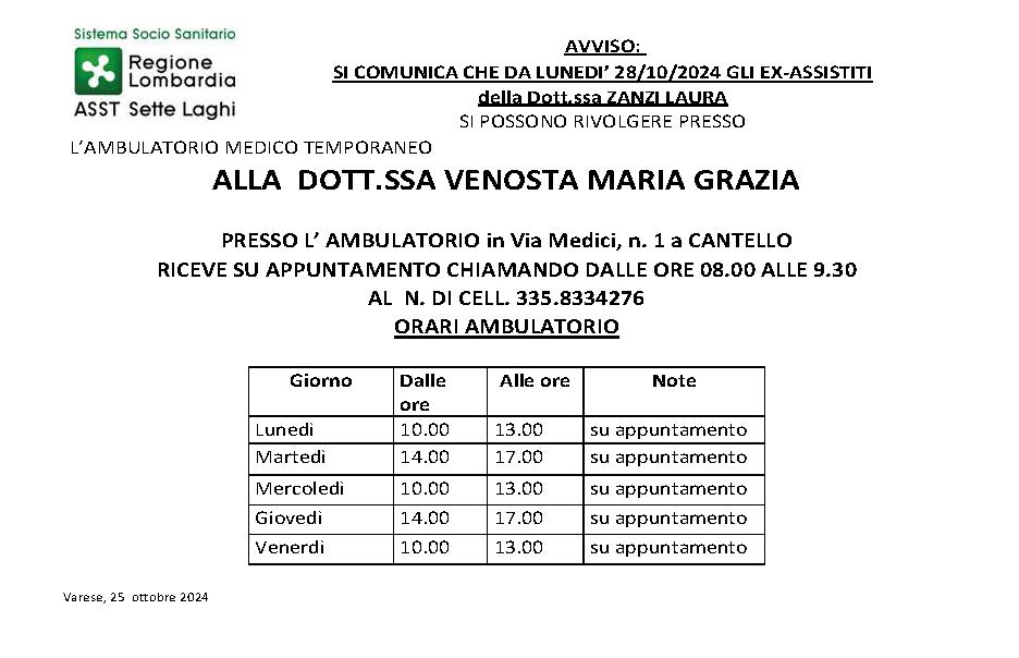 Avviso agli ex assistiti della dott.ssa Zanzi Laura