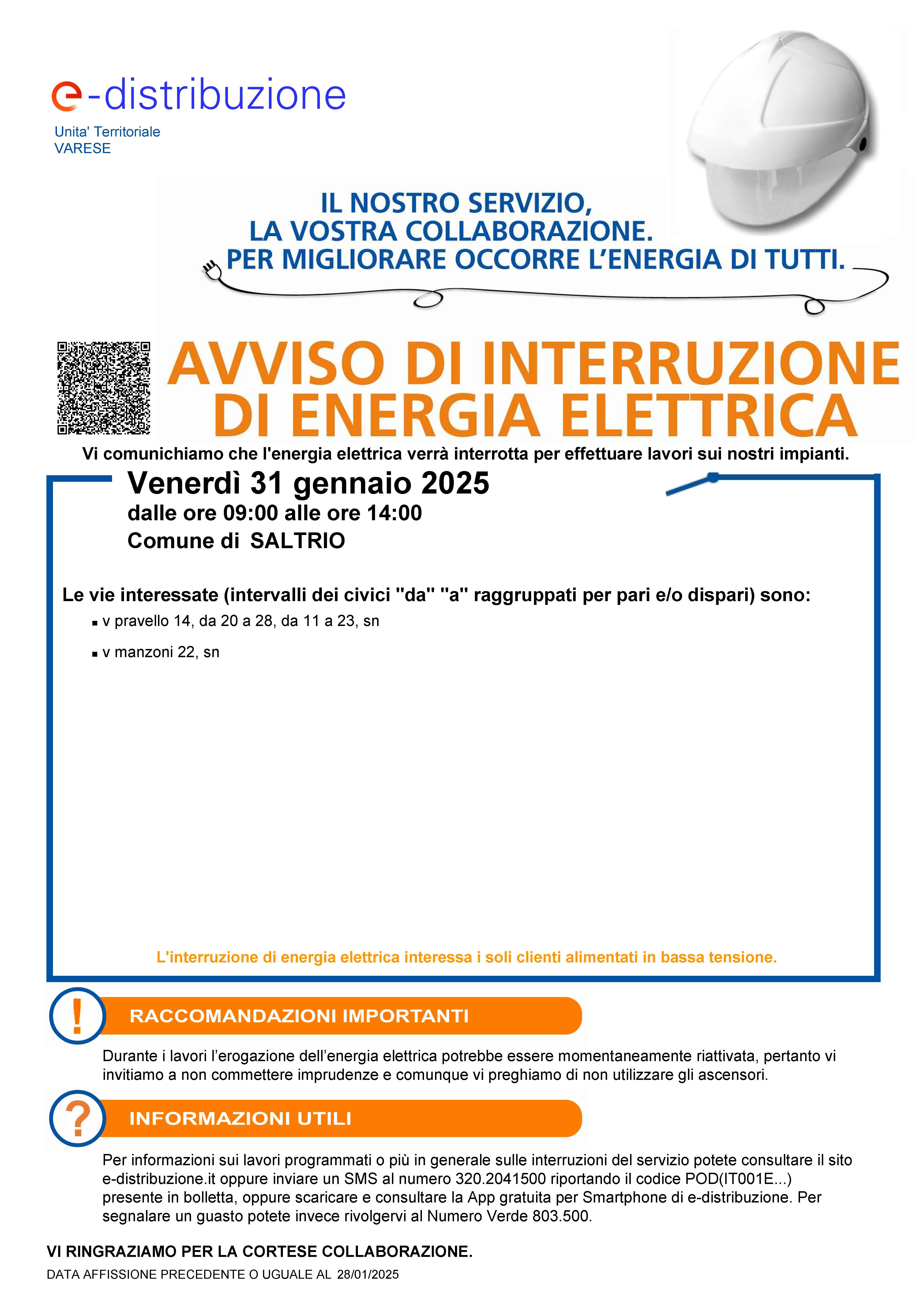 Avviso di interruzione di energia elettrica